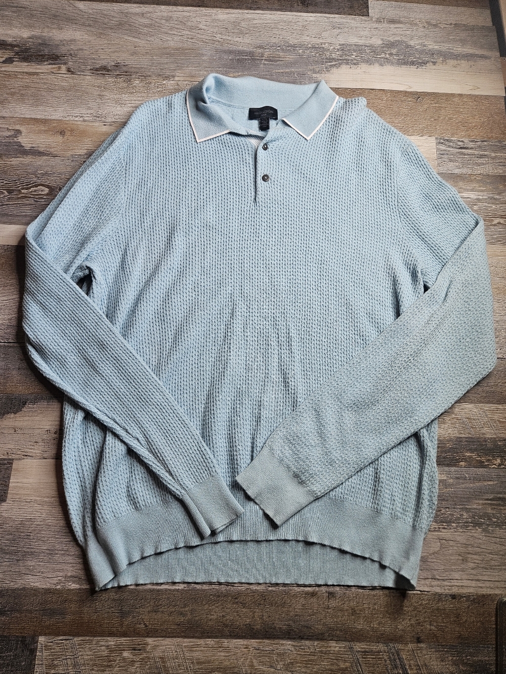 Magaschoni Man Long Sleeve Polo Collar Shirt Light Blue Large